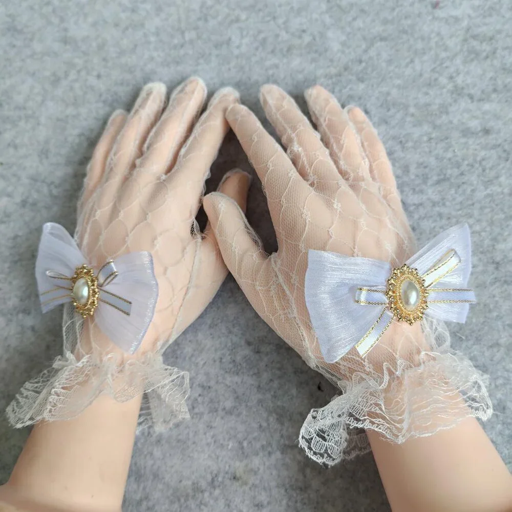 Women's Hand Sleeve White Bow Lace Gloves Wedding Halloween Costume Party Prom